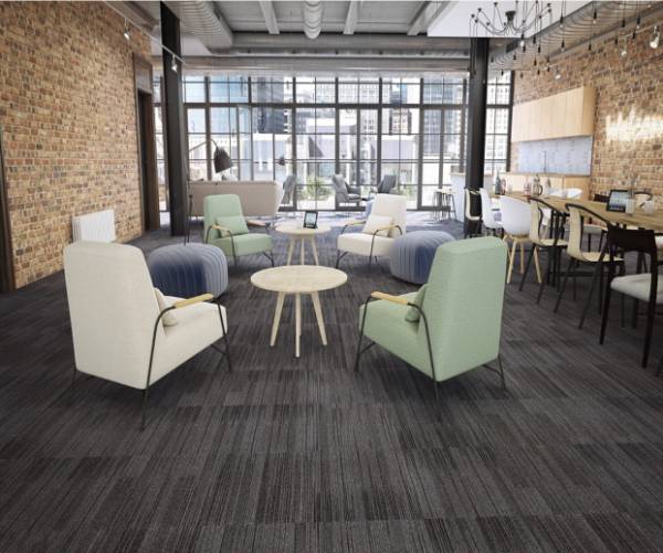 Coffee Shop with Lounge Chairs Tables and Dark Grey Carpet tiles