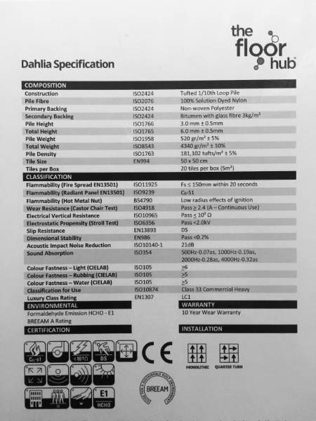 Dahlia Carpet Tile Specifications Sheet