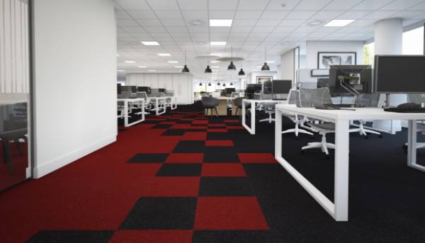 Office Scene with Red & Black Carpet tiles and White ceiling tiles